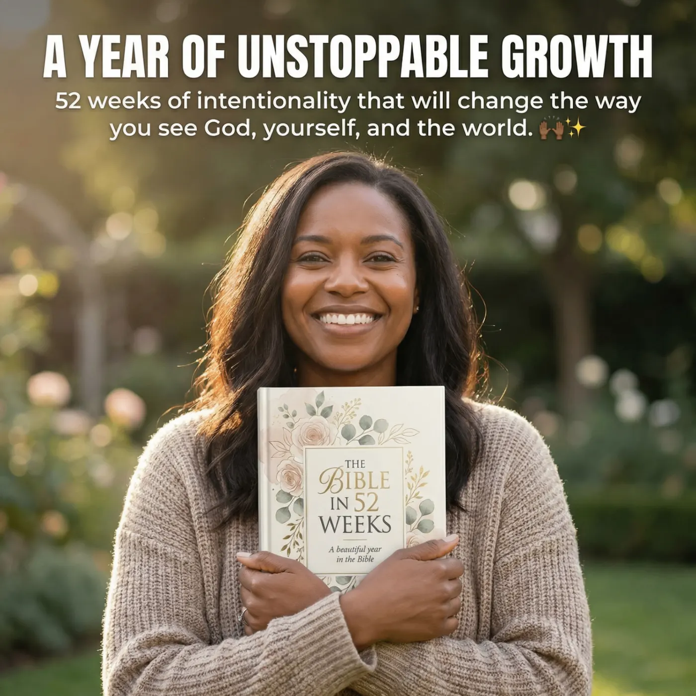A year of unstoppable growth — woman holding The Bible in 52 Weeks