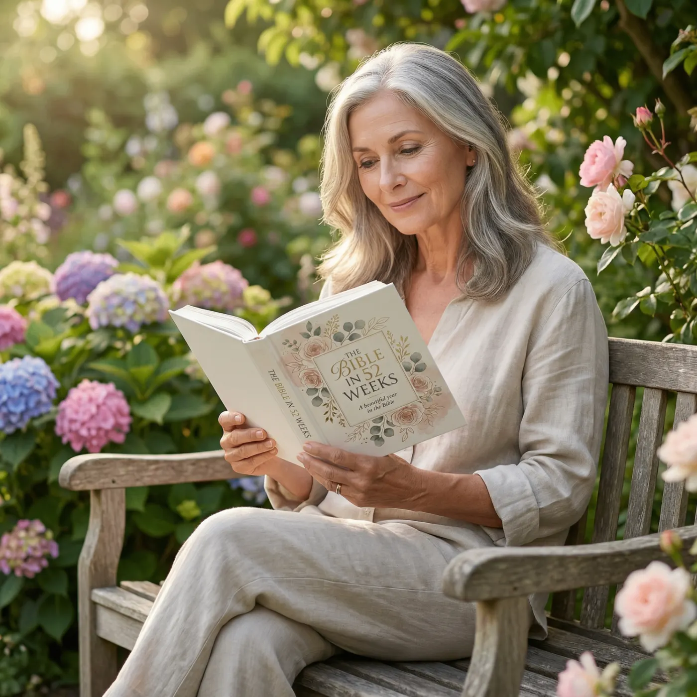 Mature South African woman peacefully reading The Bible in 52 Weeks in a sunlit rose garden