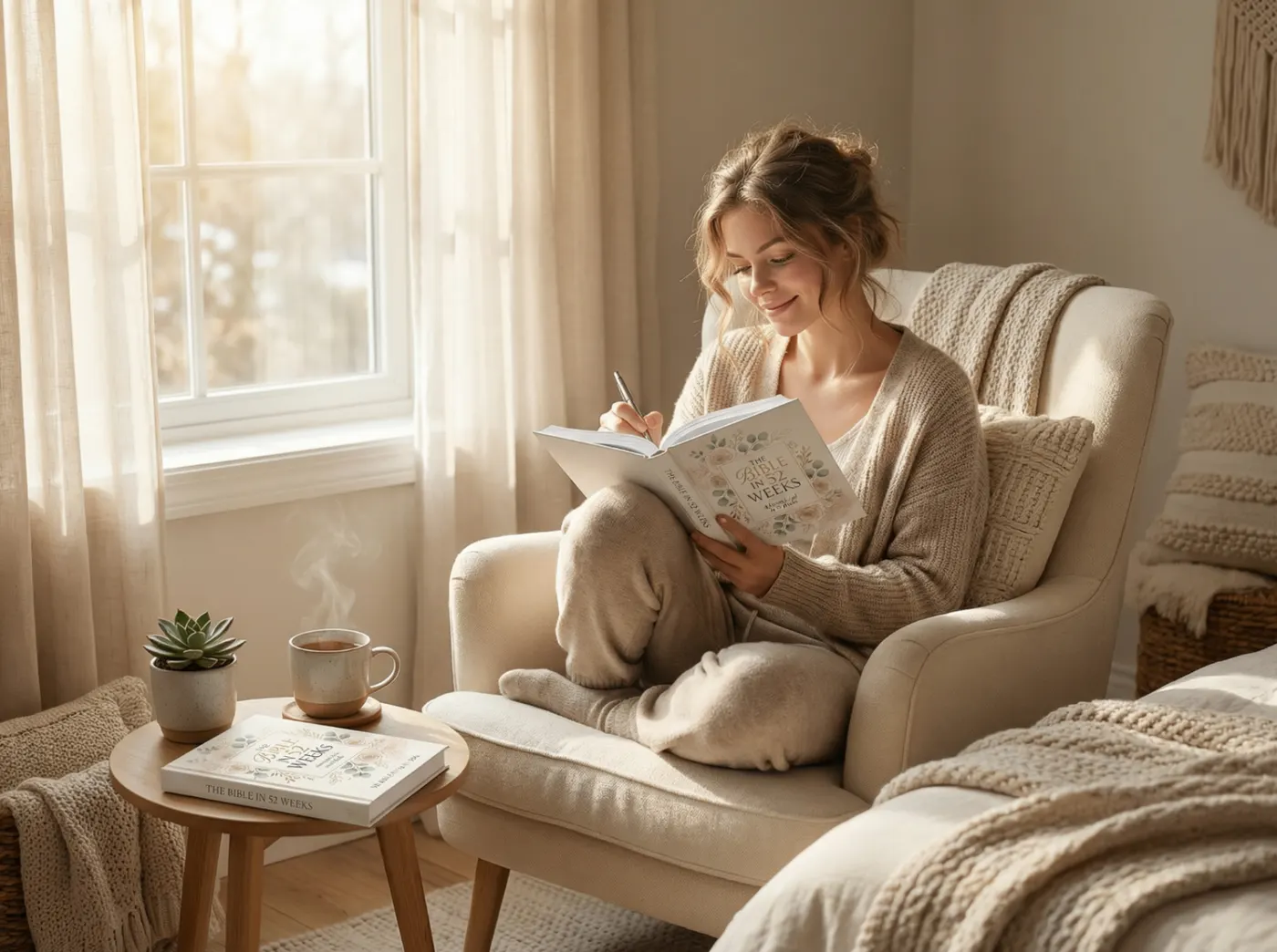 Young woman journaling with The Bible in 52 Weeks in a sunlit cosy reading nook