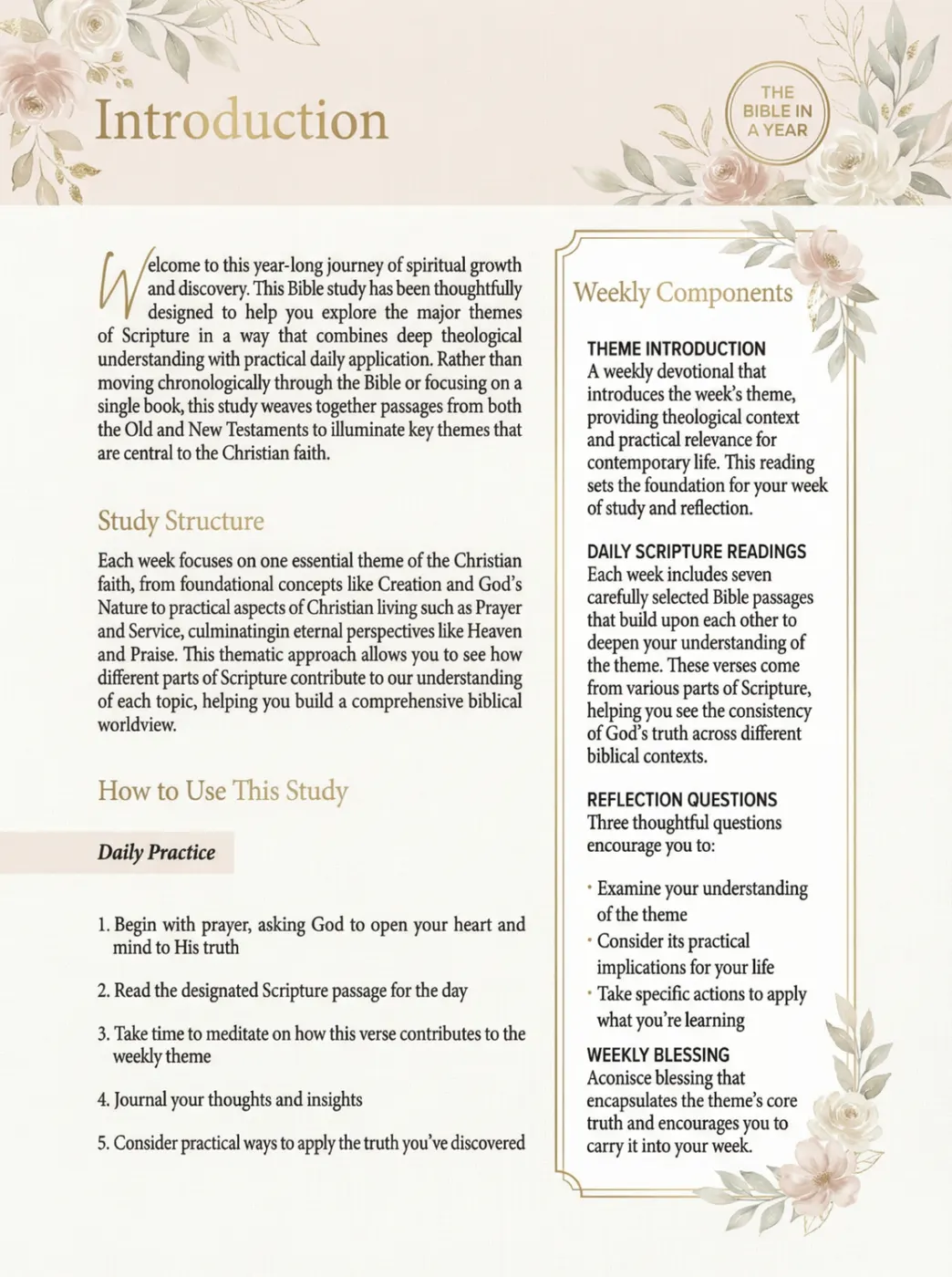 Sample interior page from The Bible in 52 Weeks showing the Introduction with Study Structure, Daily Practice, and Weekly Components