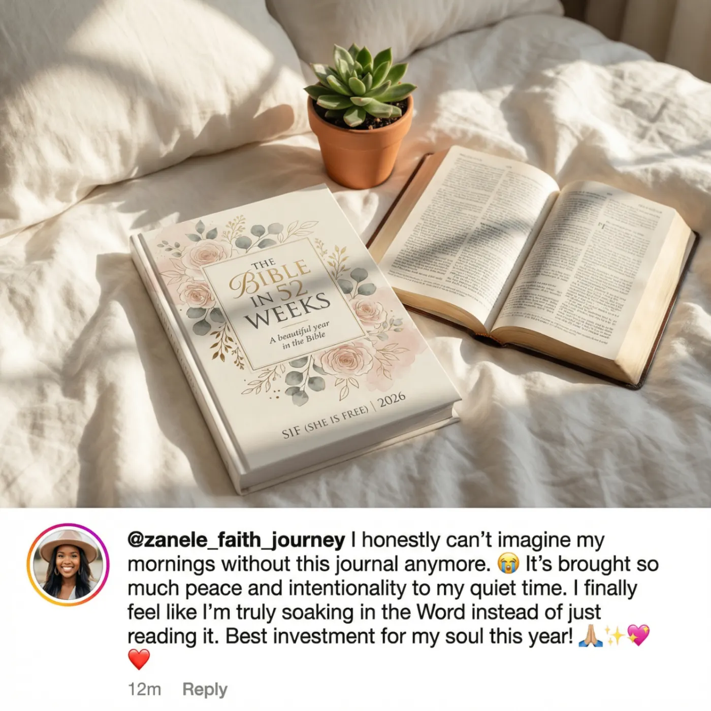 Instagram post from @zanele_faith_journey praising The Bible in 52 Weeks journal